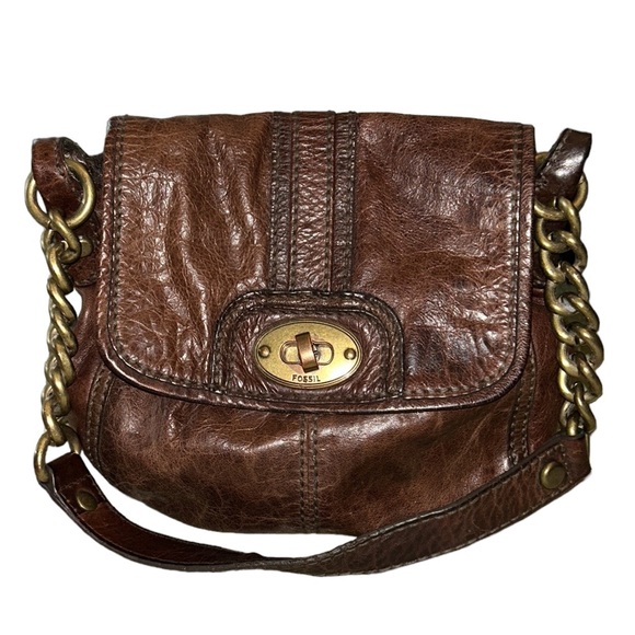Fossil Maddox Brown Distressed Leather Long Live Vintage Chain Strap Baguette - Picture 4 of 16